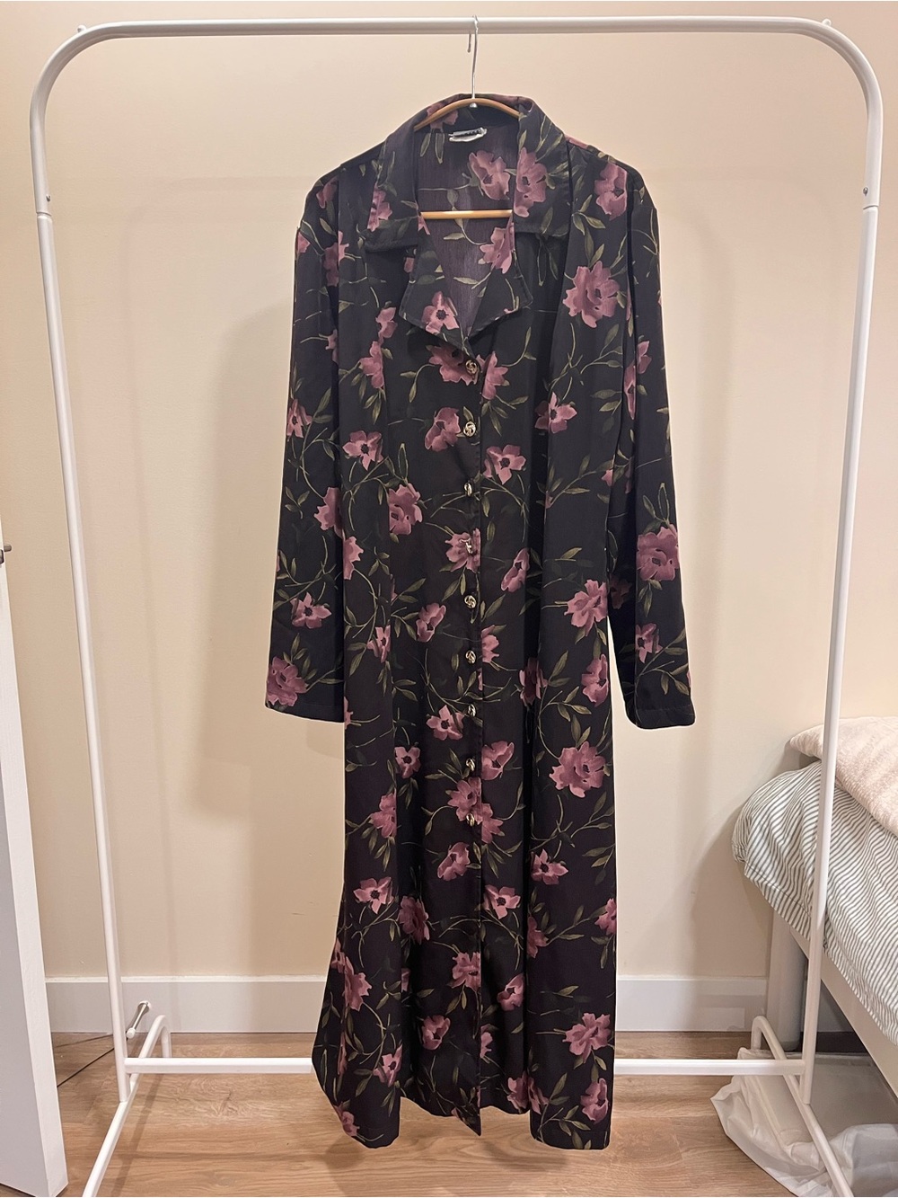 Black Floral Button-Down Maxi Dress with Pink Blossoms